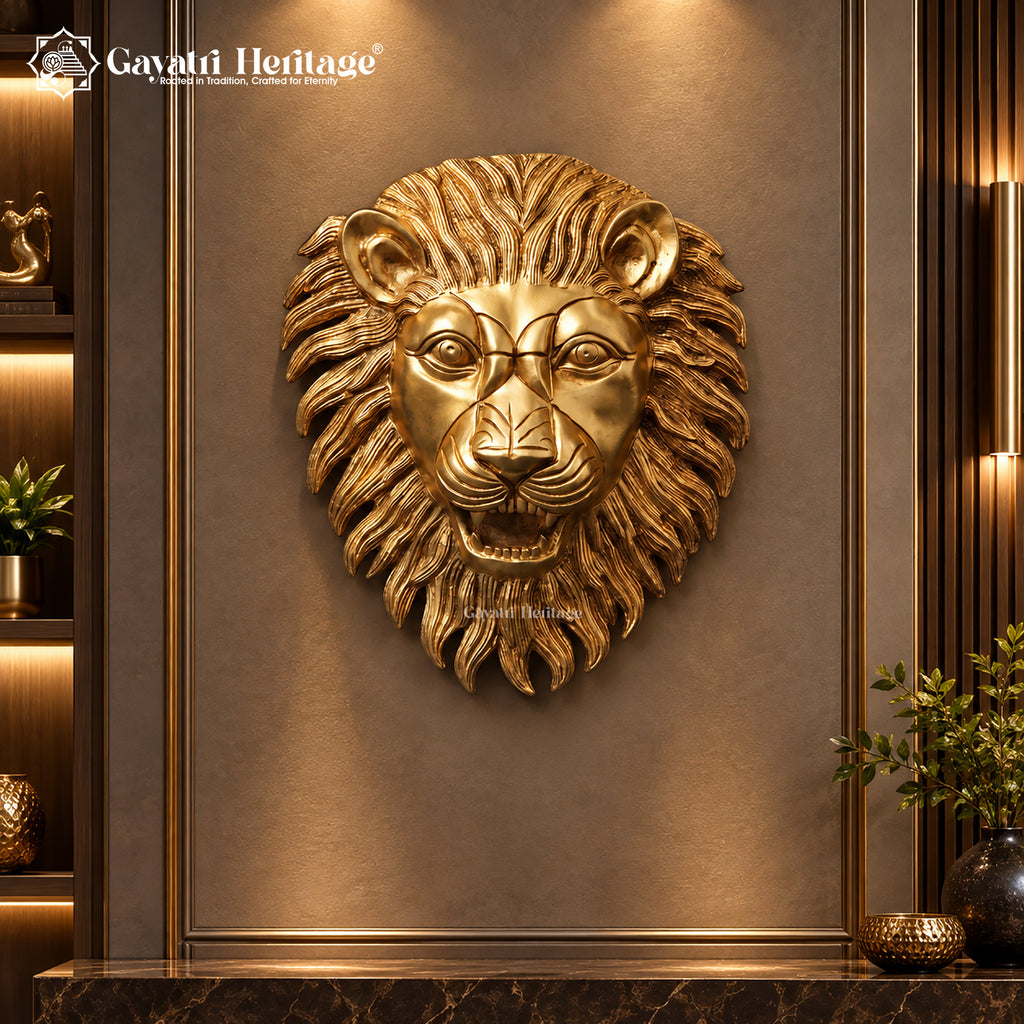 Brass Lion Face Wall Art | Roaring Lion Head Sculpture | Luxury Home Entryway Decor