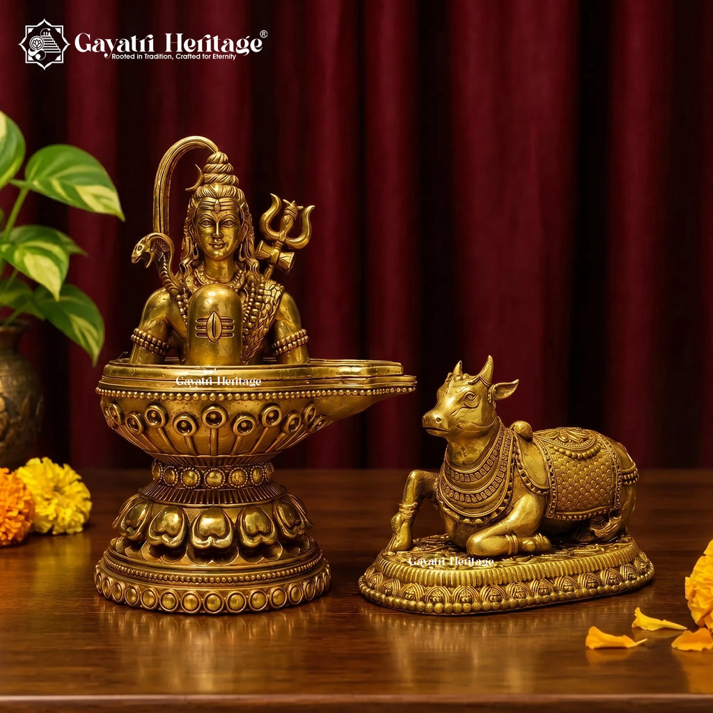 Brass Shiva Lingam with Nandi Set, 5 inch, handcrafted by Gayatri Heritage