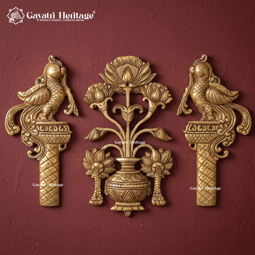 Brass Peacock with Lotus Flower Kalash Wall Hanging – Traditional Indian Wall Decor, Vastu Showpiece & Pooja Room Decoration