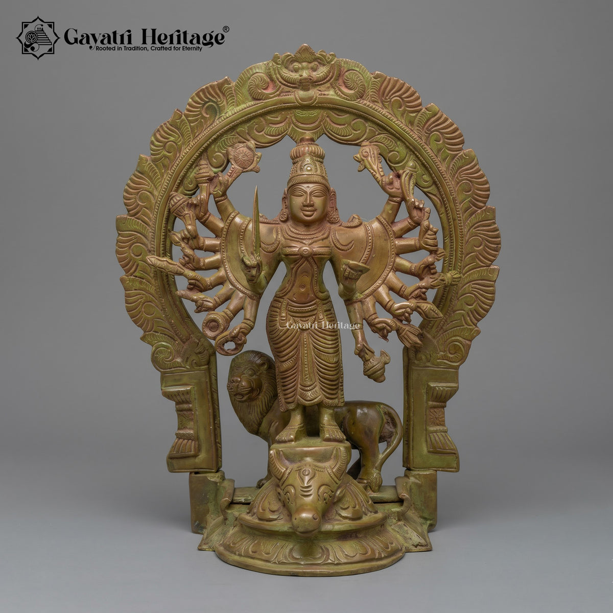 Brass Chamunda Devi Idol | Natural Bronze Finish with Carved Prabhavali Arch