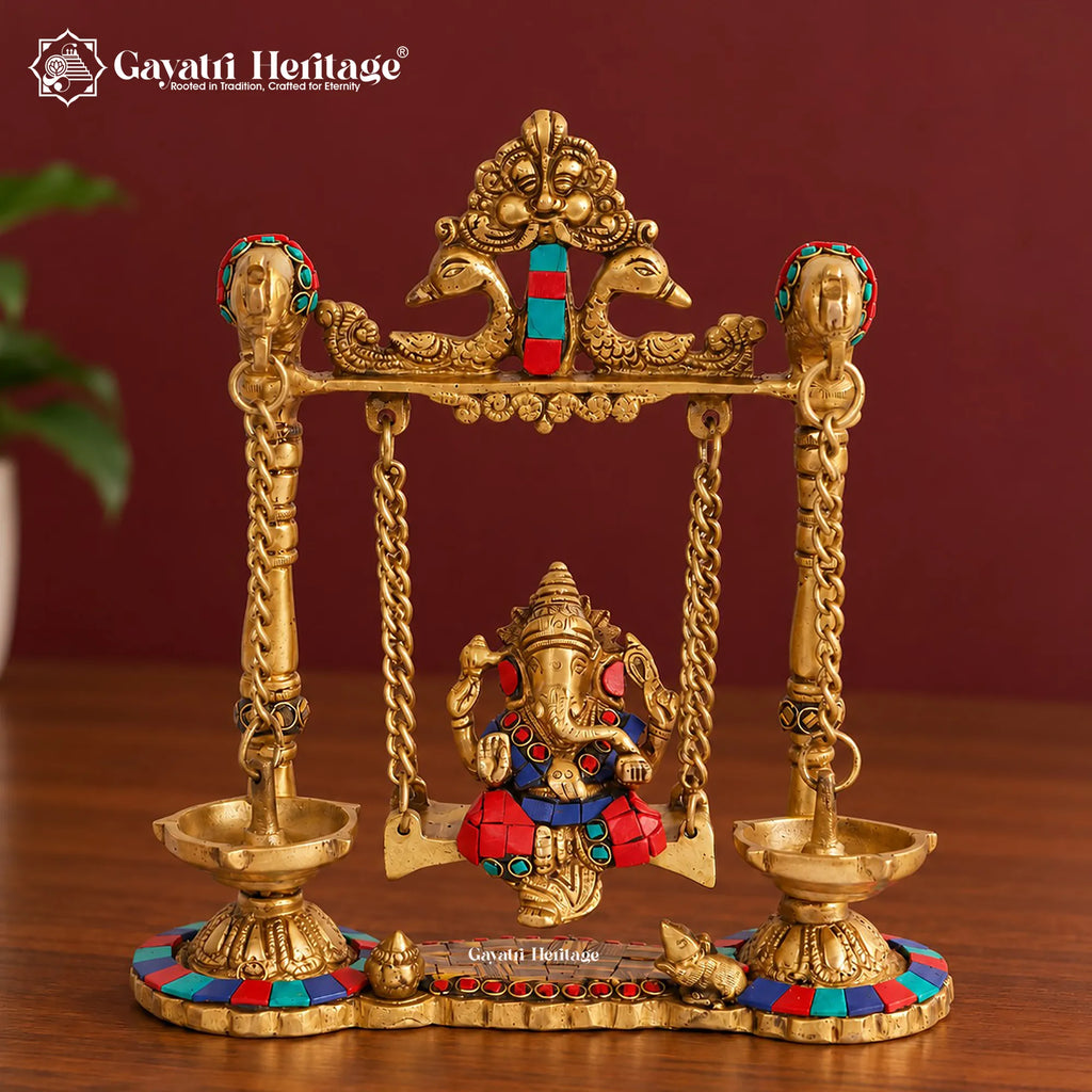 Brass Ganesha Jhula with Stone Inlay & Temple Bells, Handcrafted Ganesh Swing Idol, Diwali Pooja & Home Decor