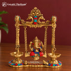 Brass Ganesha Jhula with Stone Inlay & Temple Bells, Handcrafted Ganesh Swing Idol, Diwali Pooja & Home Decor