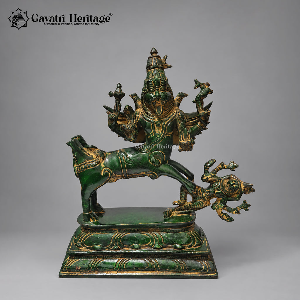 Brass Sharabeshwara Statue | Antique Old Green Finish | Sharabha Avatar of Lord Shiva