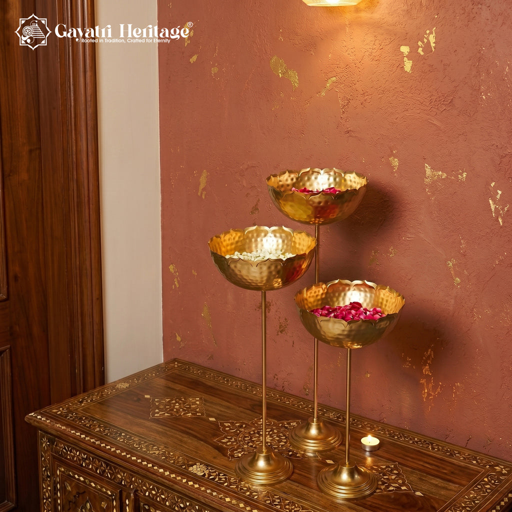Set of 3 Tall Urli Bowls – Hammered Gold Lotus Petal Diya Stand | Gayatri Heritage