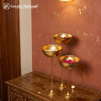 Set of 3 Tall Urli Bowls – Hammered Gold Lotus Petal Diya Stand | Gayatri Heritage