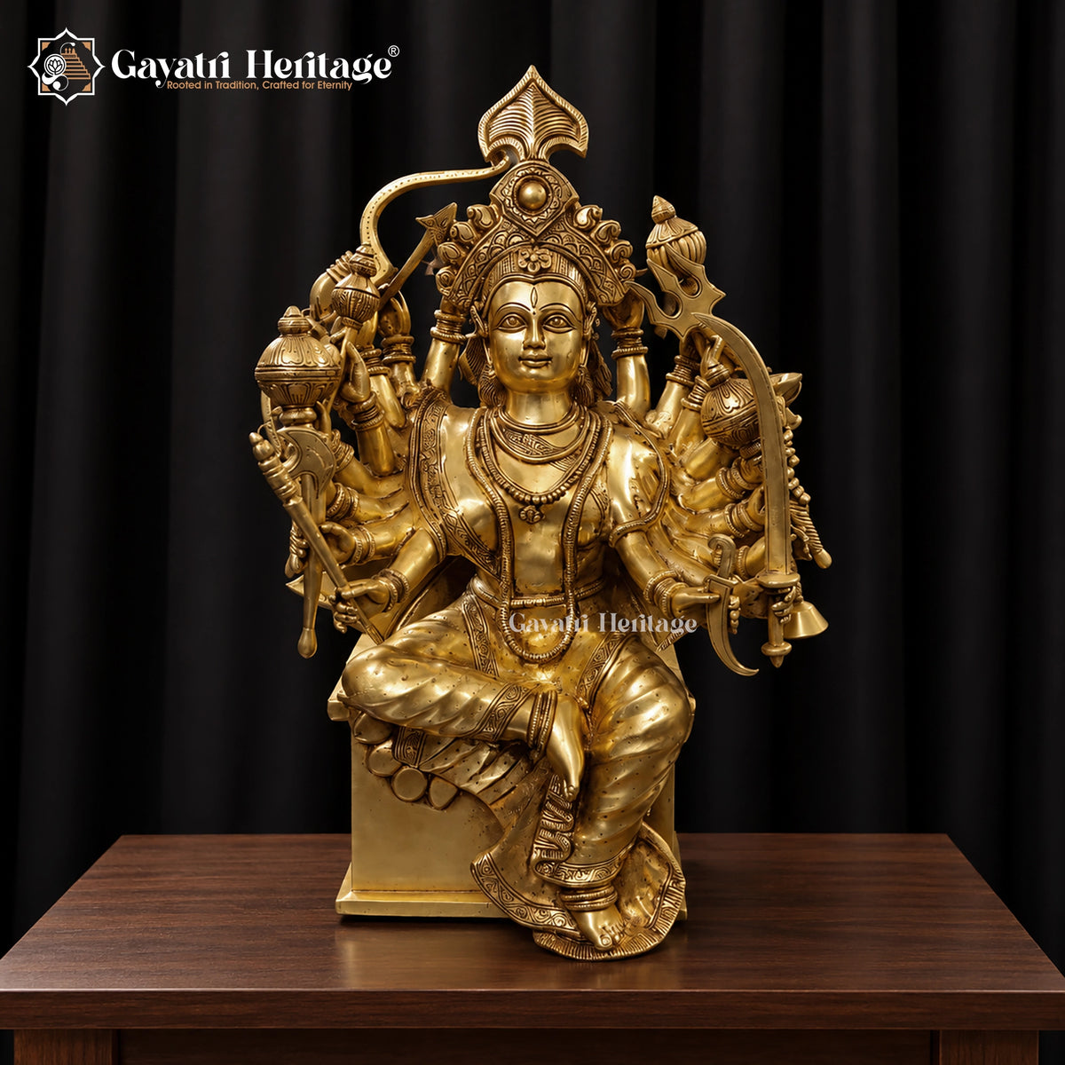 18-Handed Brass Durga Maa Statue, 24 inch, handcrafted by Gayatri Heritage