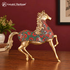 Brass Horse Statue with Red Floral Stone Inlay – Handmade Prancing Horse Sculpture