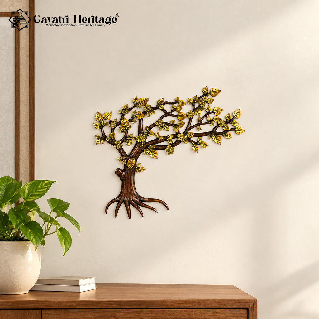 Brass Kalpavriksha Tree of Life Wall Art | Brown Gold Finish Hanging Sculpture | Handmade Living Room Decor