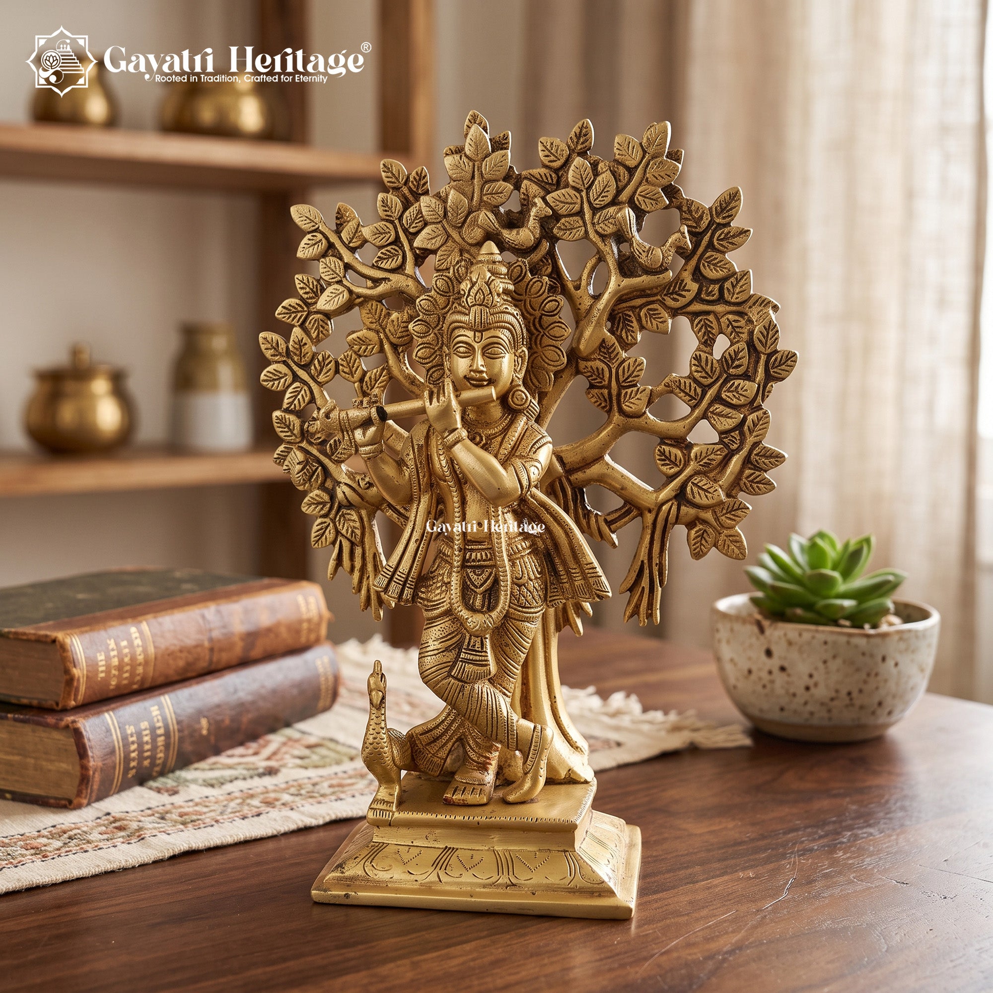 Brass Krishna Under Kalpavriksha Tree – Divine Decor | Gayatri Heritage