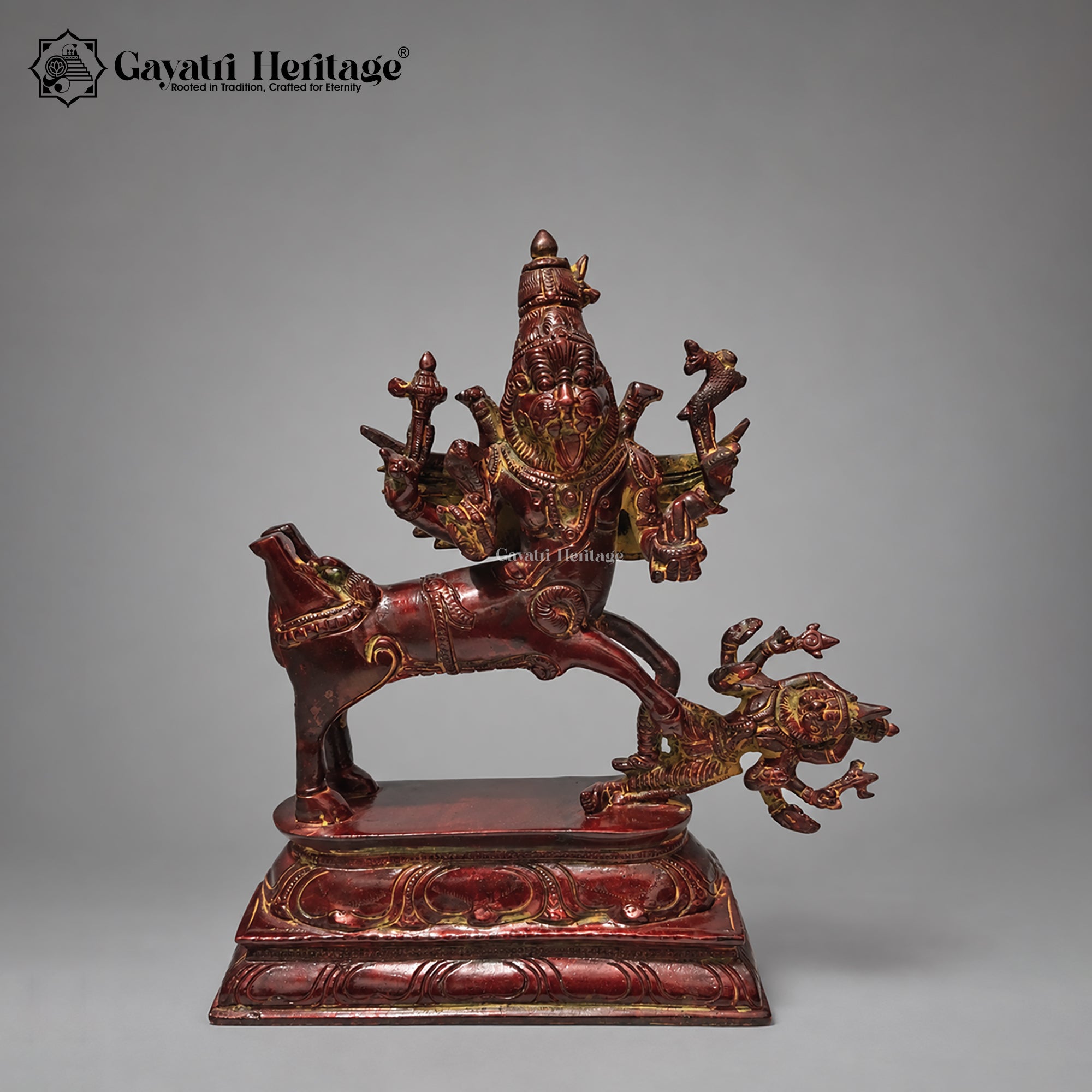 Brass Sarabeswara Swamy Statue | Antique Red Finish | Handcrafted Hindu God Idol