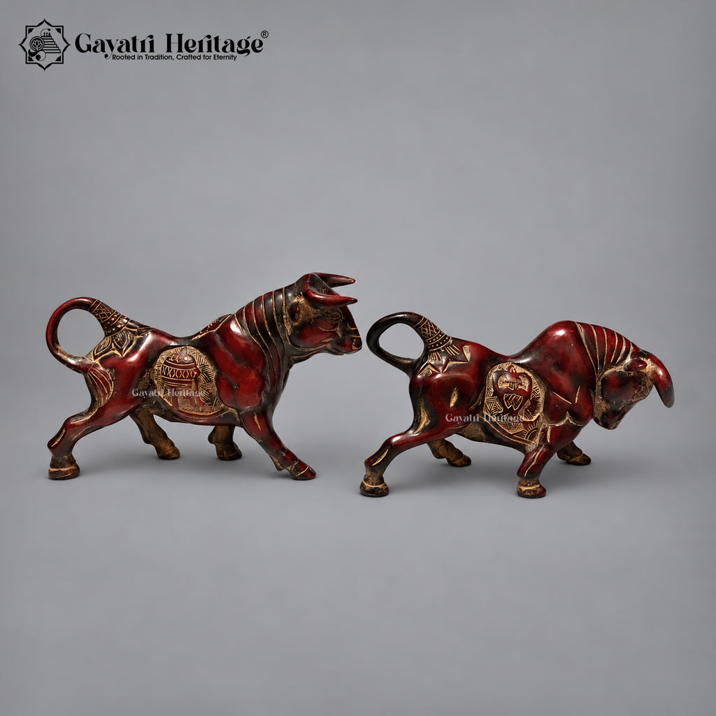 Brass Bull Pair | Antique Red Finish | Powerful Bull Sculpture for Home & Office Decor