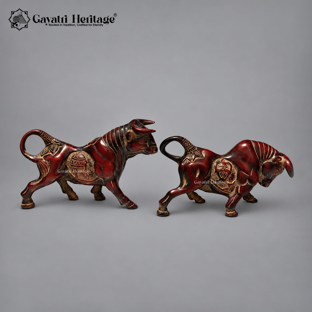 Brass Bull Pair | Antique Red Finish | Powerful Bull Sculpture for Home & Office Decor