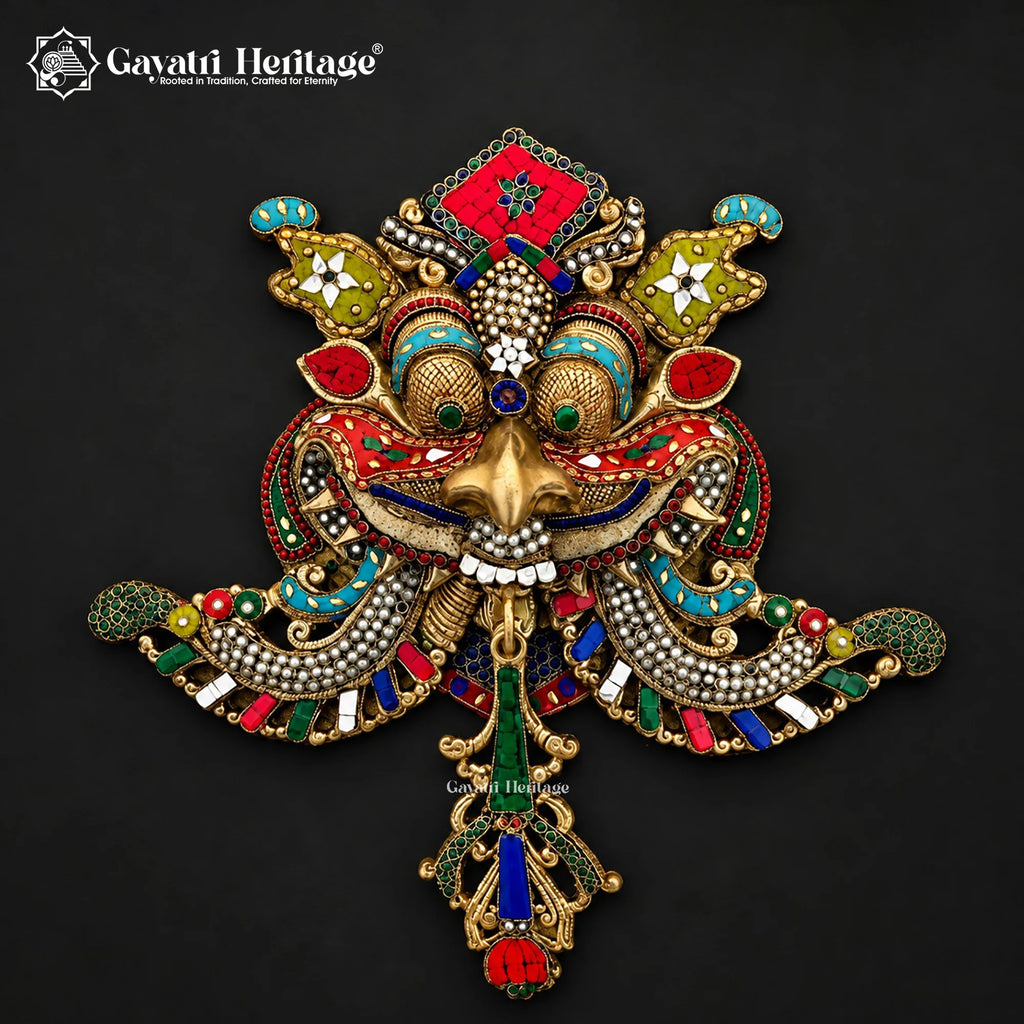 Brass Kirtimukha Wall Hanging with Pearl Bead Stone Inlay – Nazar Battu & Main Door Decor