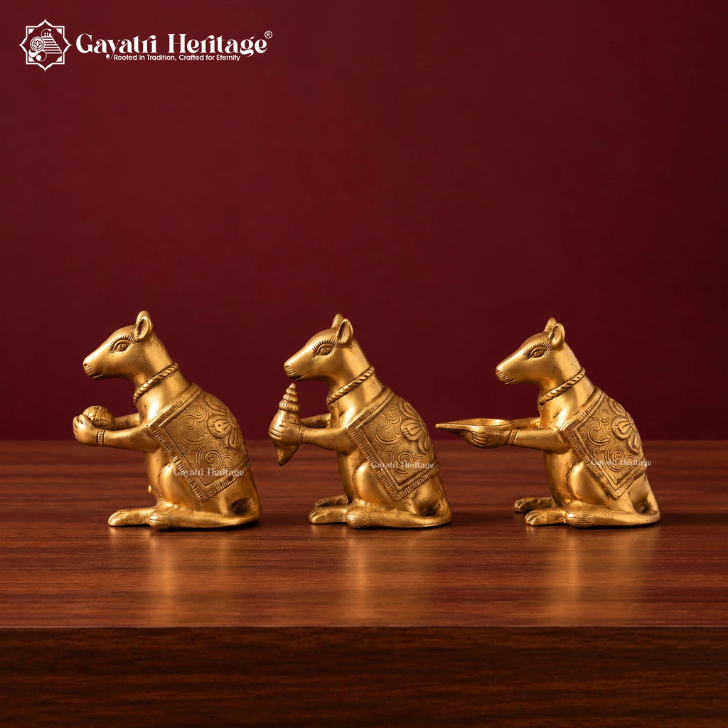 Brass Mushak Set of 3 | Ganesha Rat Vahana Figurines with Laddoo & Conch Diya | Handcrafted Pooja & Home Decor