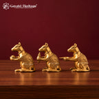Brass Mushak Set of 3 | Ganesha Rat Vahana Figurines with Laddoo & Conch Diya | Handcrafted Pooja & Home Decor