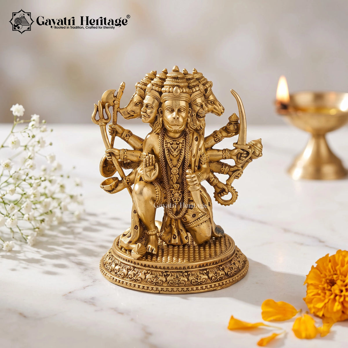 Brass Panchmukhi Anjaneya Statue | Five-Faced Bajrangbali Idol | Handcrafted Hanuman Murti | Vastu & Pooja Decor