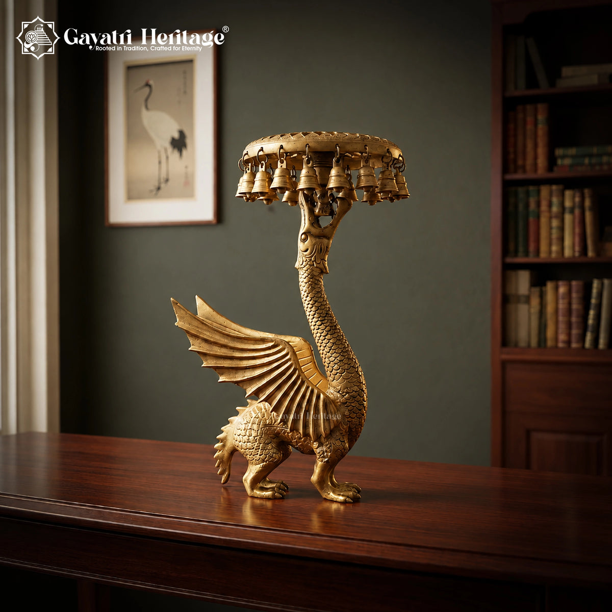 Brass Dragon Bell Chowki Stand | Mythical Bird Pedestal with Hanging Bells | Vintage Home Decor
