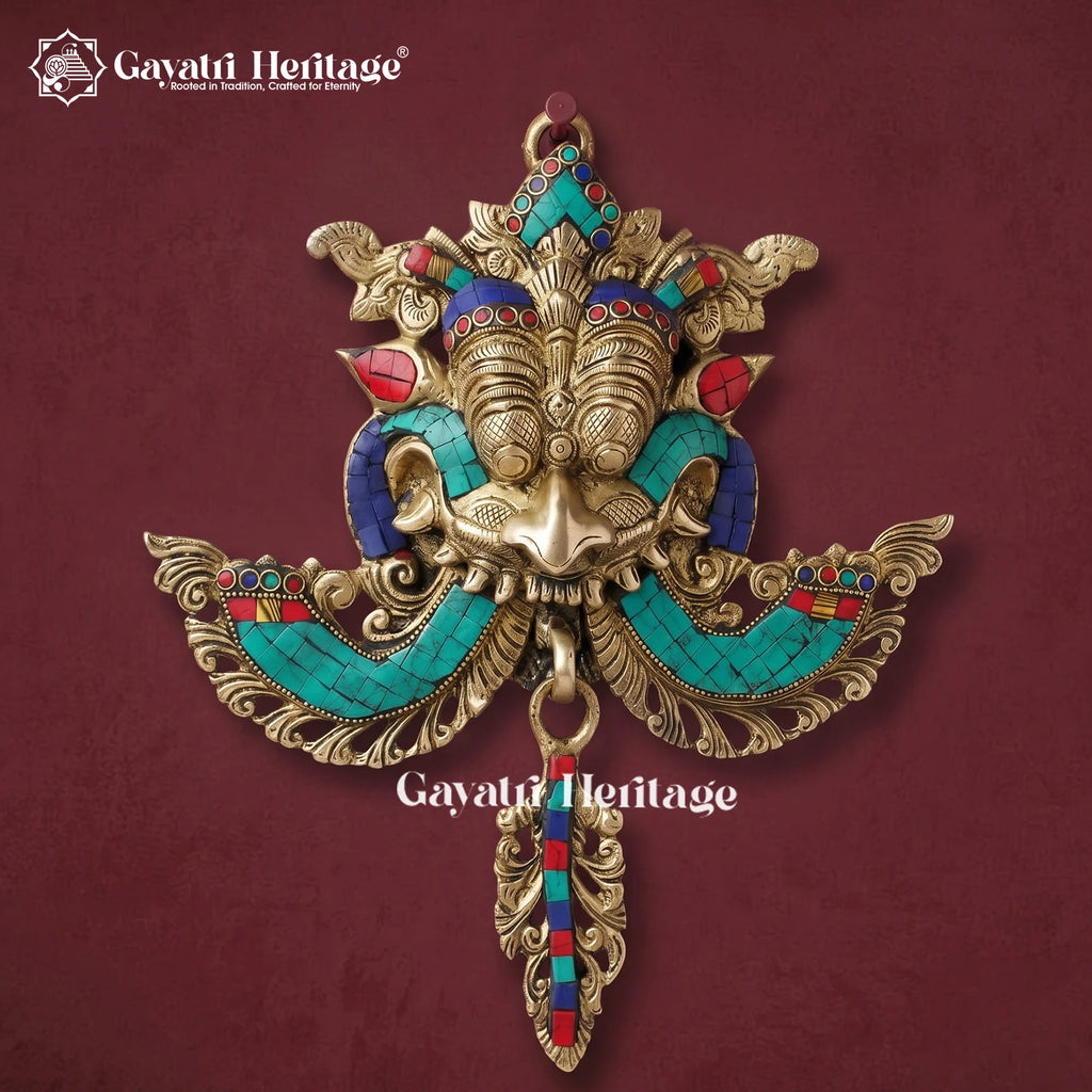 Brass Kirtimukha Mask – Tibetan Style Wall Hanging with Stone Inlay, Nazar Battu & Main Door Decor