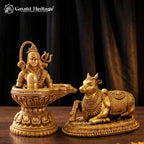 Brass Shivling with Nandi Statue, 4.5 inch, handcrafted by Gayatri Heritage