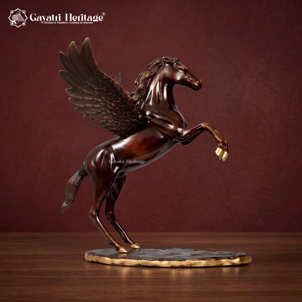 Brass Flying Horse Statue | Brown & Golden Pegasus Figurine | Antique Finish Handmade Home Decor Gift
