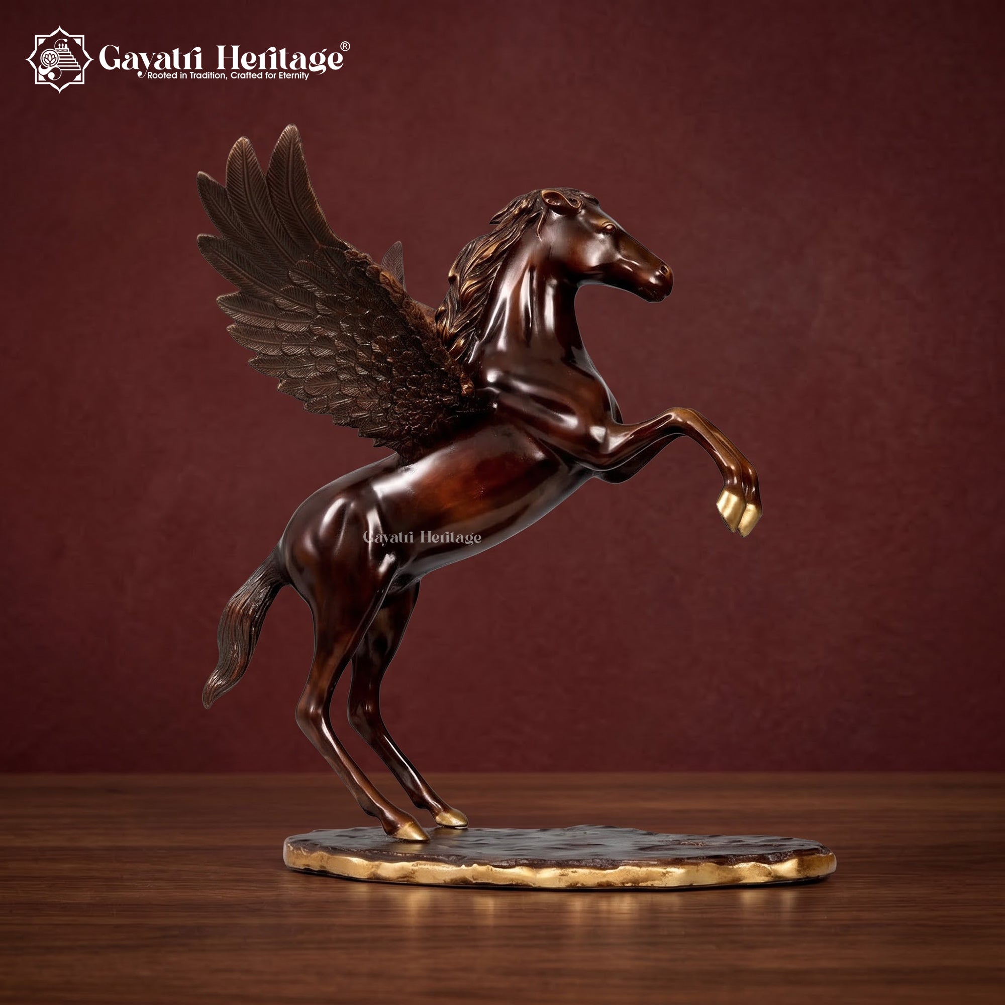 Brass Flying Horse Statue | Brown & Golden Pegasus Figurine | Antique Finish Handmade Home Decor Gift
