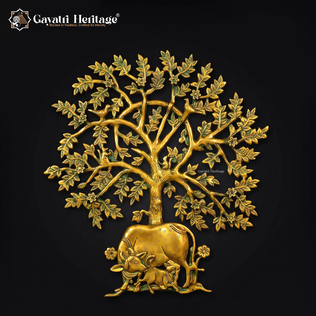 Brass Kamdhenu Tree Wall Decor | Cow & Calf Traditional Indian Art (20 Inch)