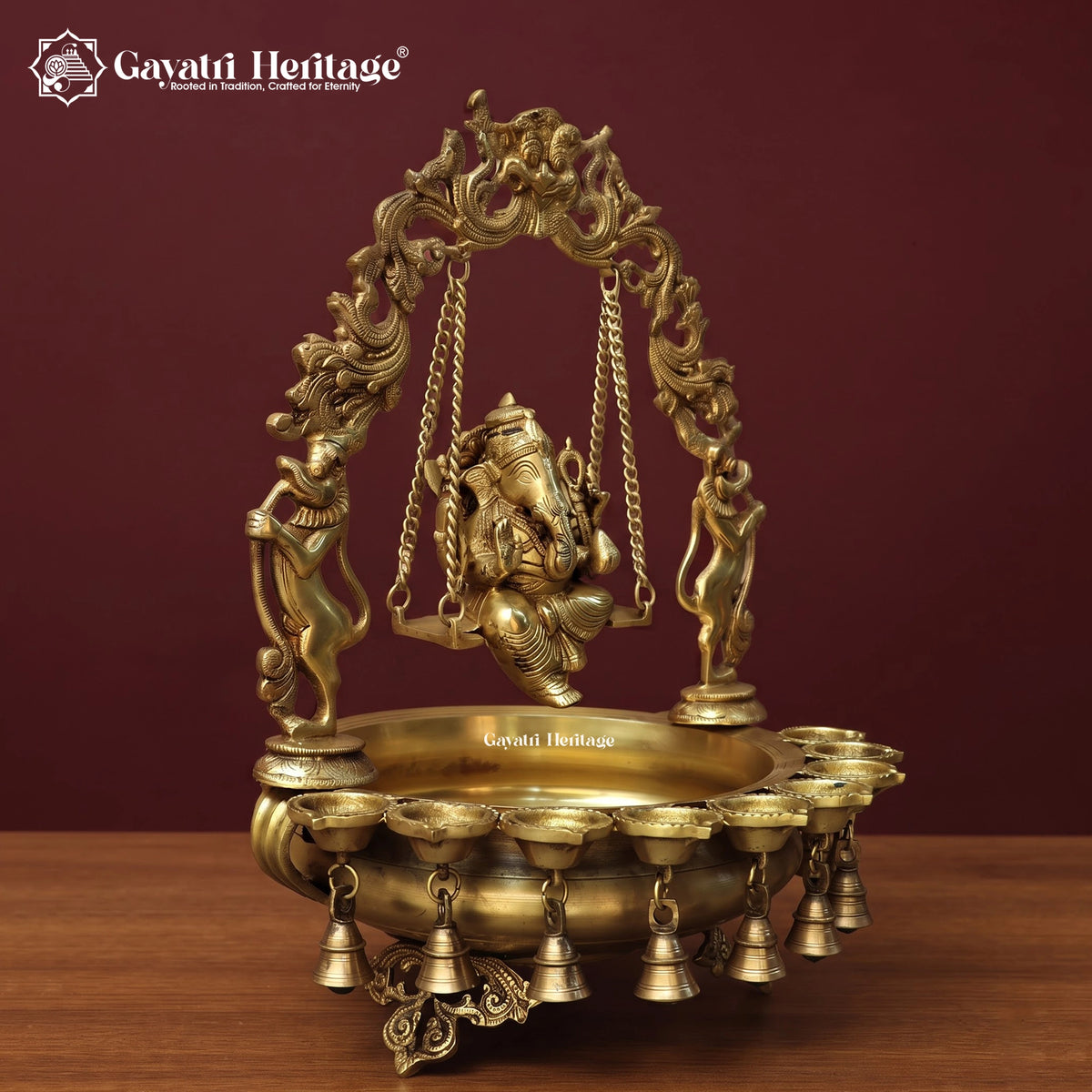 Brass Ganesha Swing Urli Bowl with Diyas & Bells, Handcrafted Ganesh Pooja Decor, Diwali Home Temple Decoration