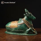 Brass Nandi Statue | Green Patina Finish with Ornate Saddle Cloth | Shiva Vahana (9.5 Inch)