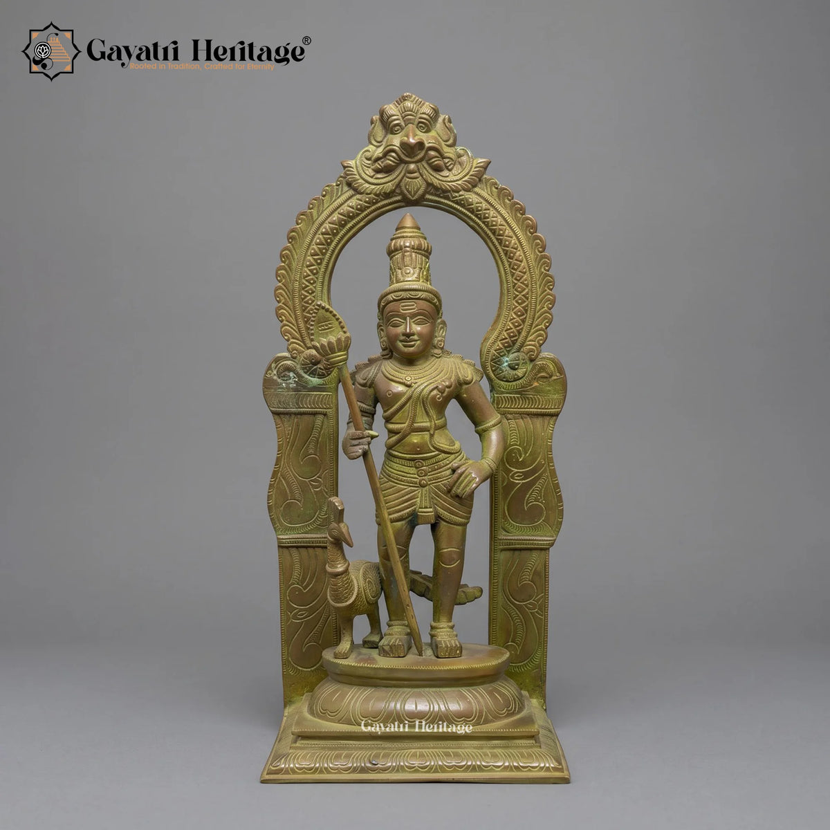Handcrafted Brass Murugan Idol | Green Patina Finish with Kirtimukha Arch | South Indian Temple Decor