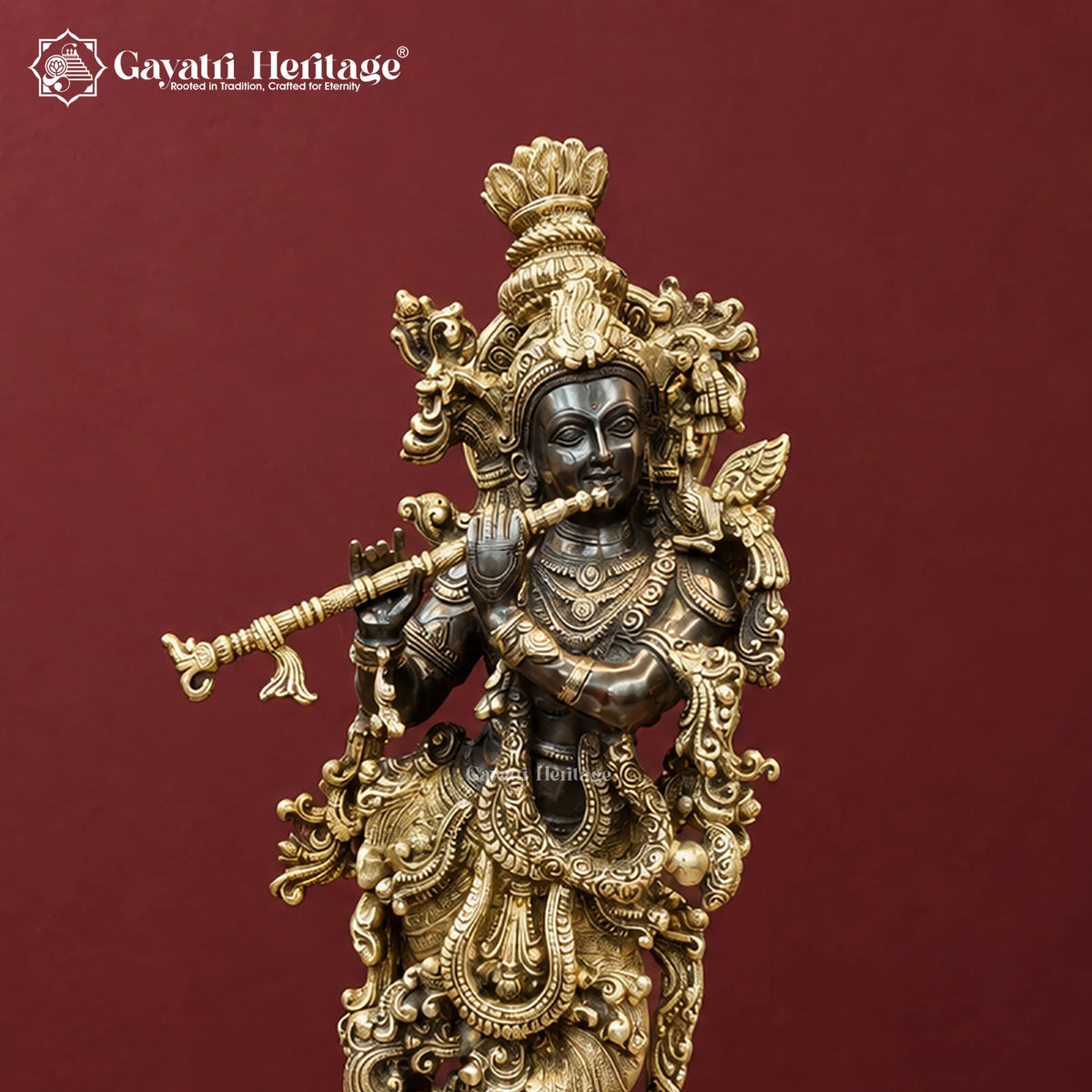 29 Inch Brass Krishna Idol | Handcrafted Black & Gold Finish | Hindu Pooja Room Decor