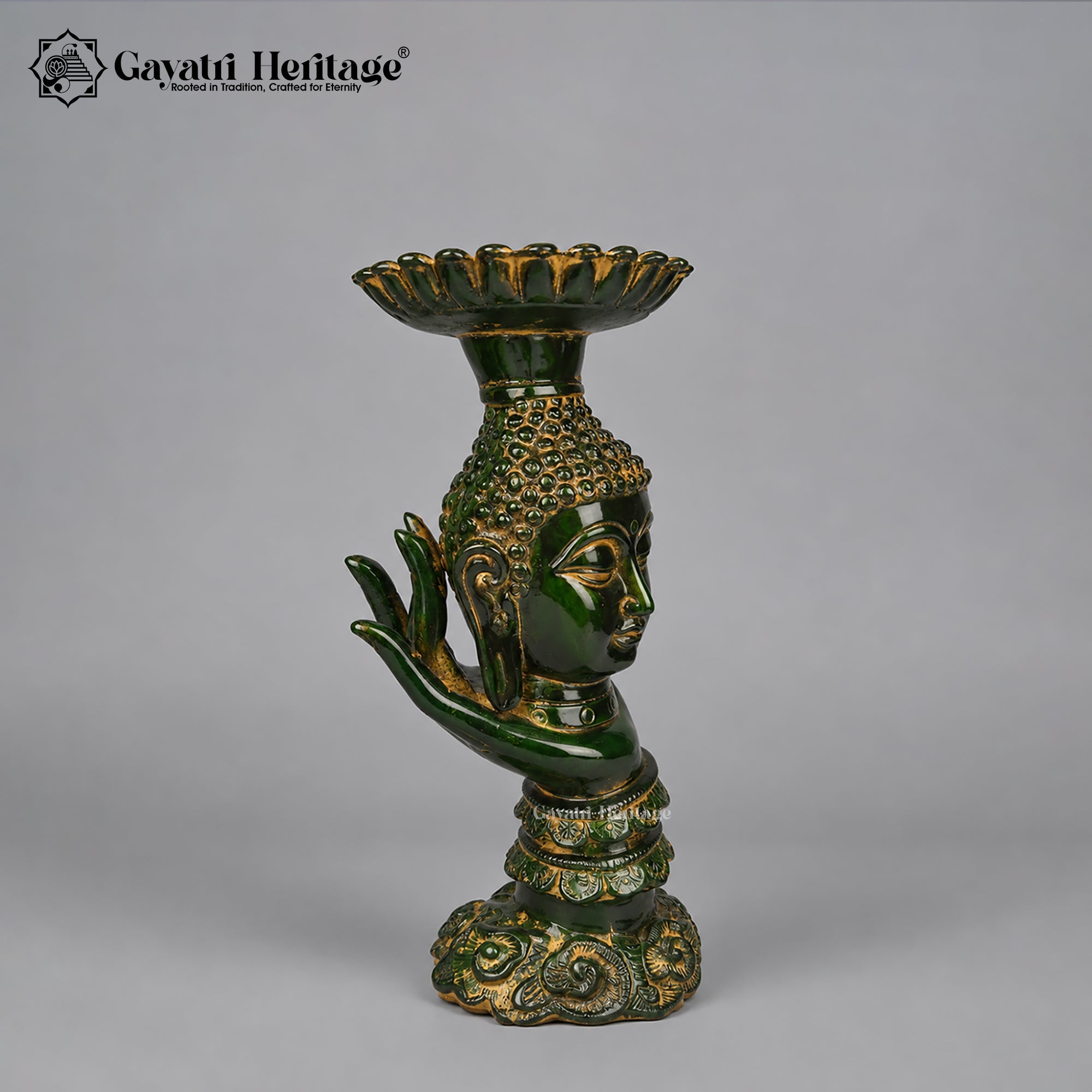 Brass Buddha Candle Holder | Antique Green Finish | Handcrafted Buddhist Figurine & Home Decor