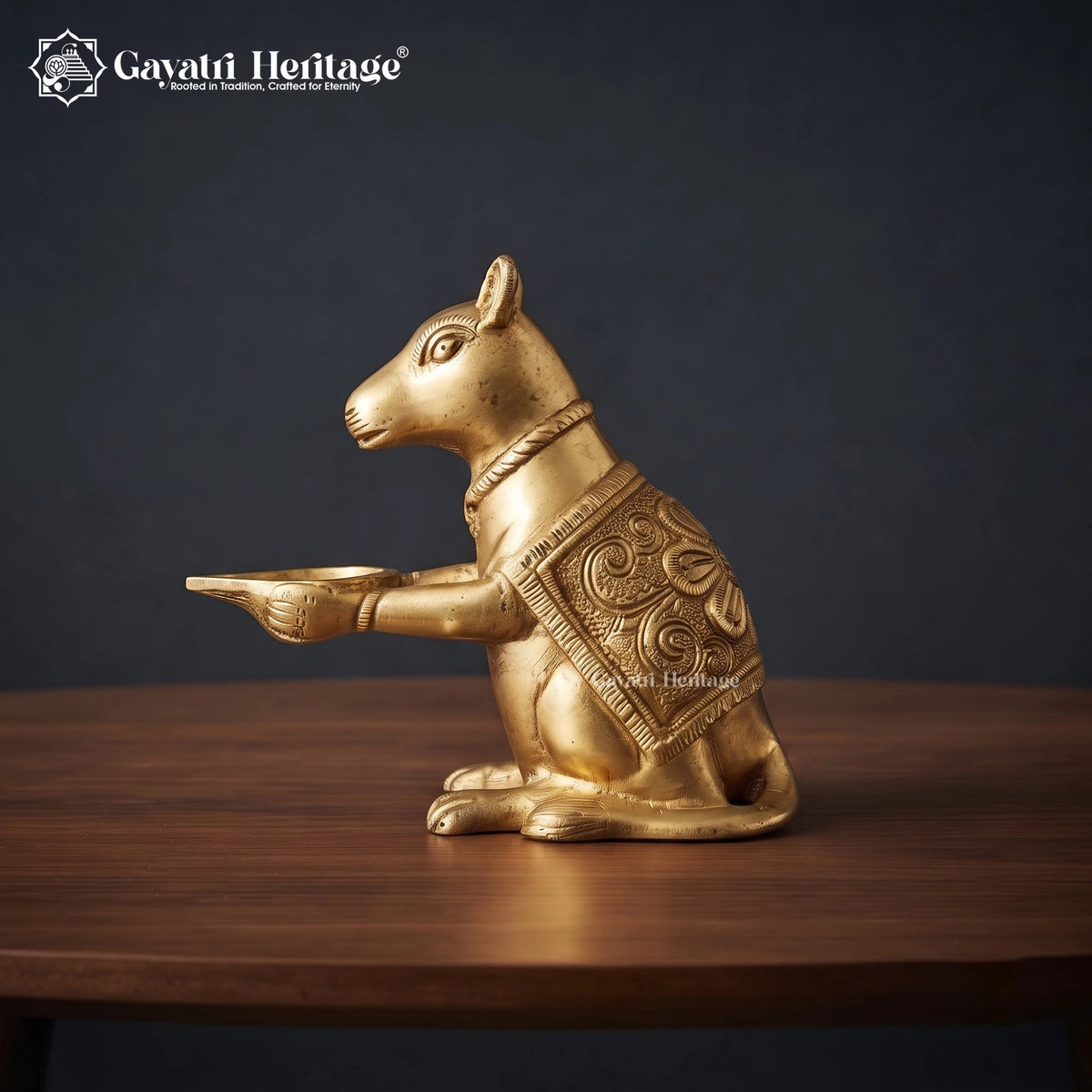 Brass Mushak Diya Statue | Ganpati’s Rat Vahana Oil Lamp Holder | Handcrafted Brass Pooja & Home Decor