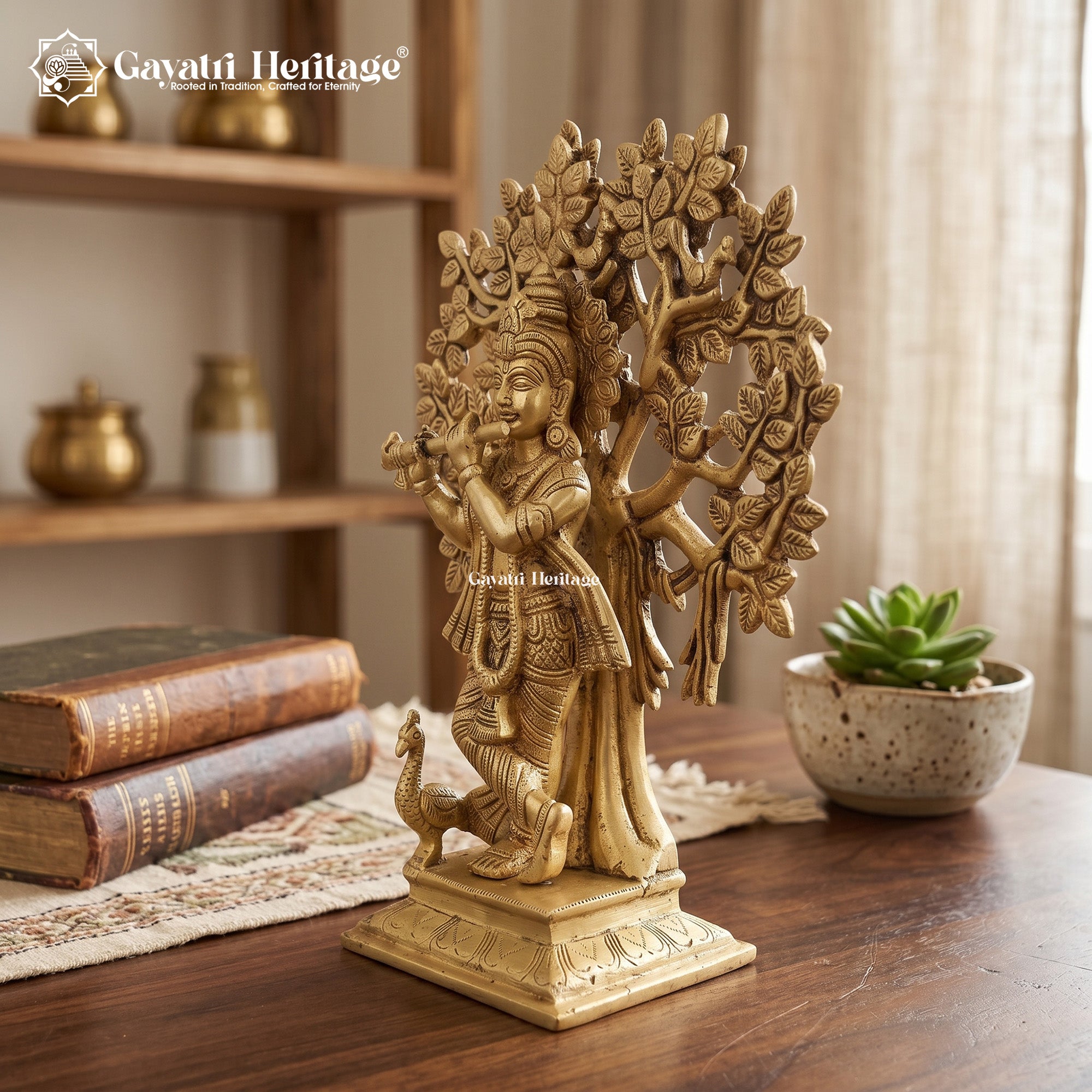 Brass Krishna Under Kalpavriksha Tree – Divine Decor | Gayatri Heritage