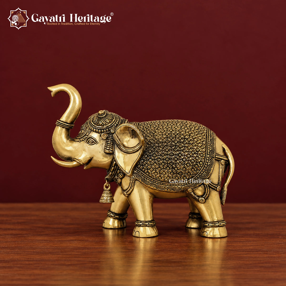 Brass Elephant Figurine with Bell, Upraised Trunk Elephant Statue, Traditional Indian Brass Decor, Lucky Elephant Gift, Home Office Decor