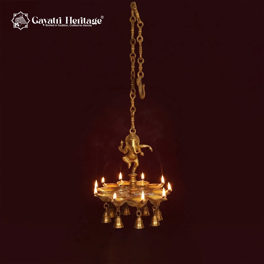 Brass Ganesh Diya with Chain, 12 inch, handcrafted by Gayatri Heritage