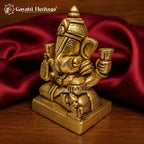 Brass Ganesha Idol | Seated Blessing Pose with Mouse | Handcrafted Ganesh Murti for Home Temple | 4.9 Inch