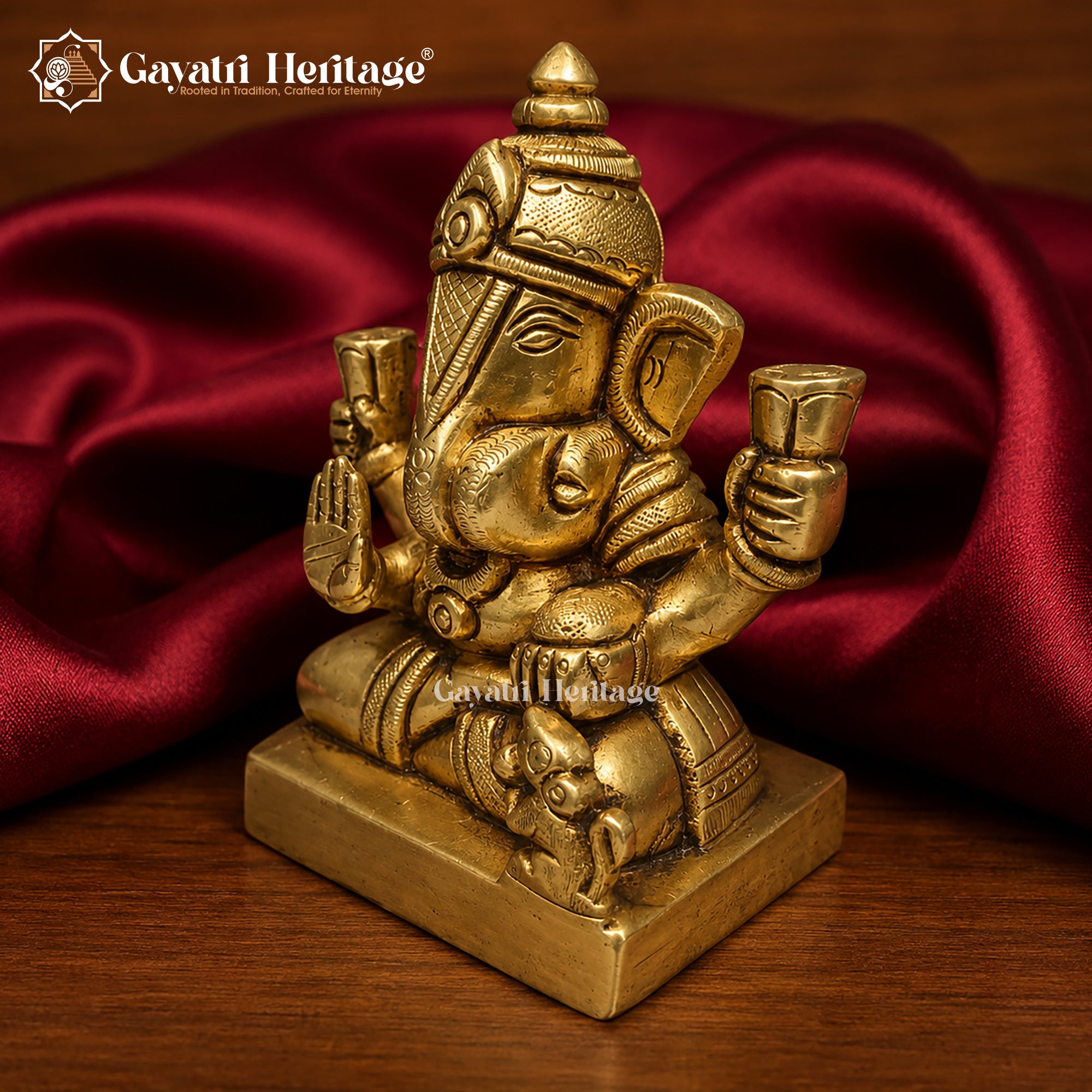 Brass Ganesha Idol | Seated Blessing Pose with Mouse | Handcrafted Ganesh Murti for Home Temple | 4.9 Inch