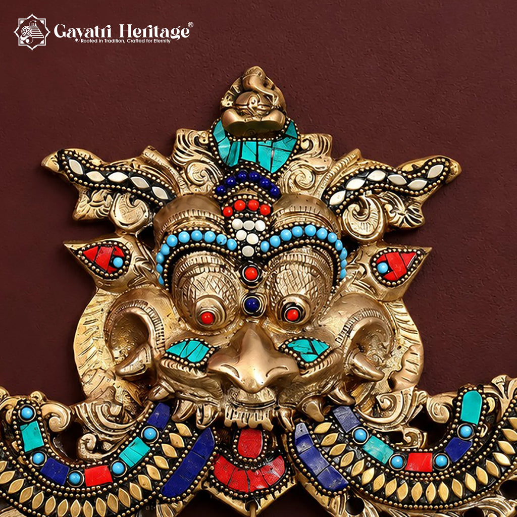 Brass Kirtimukha Wall Hanging with Stone Inlay – Nazar Battu Mask, Vastu Entrance & Door Decor