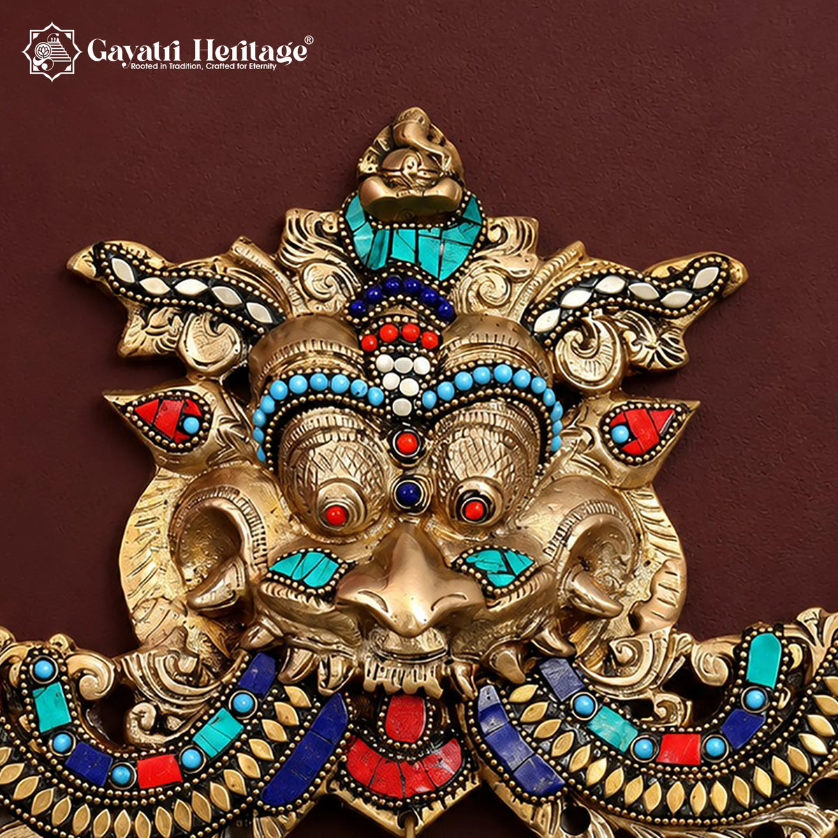 Brass Kirtimukha Wall Hanging with Stone Inlay – Nazar Battu Mask, Vastu Entrance & Door Decor