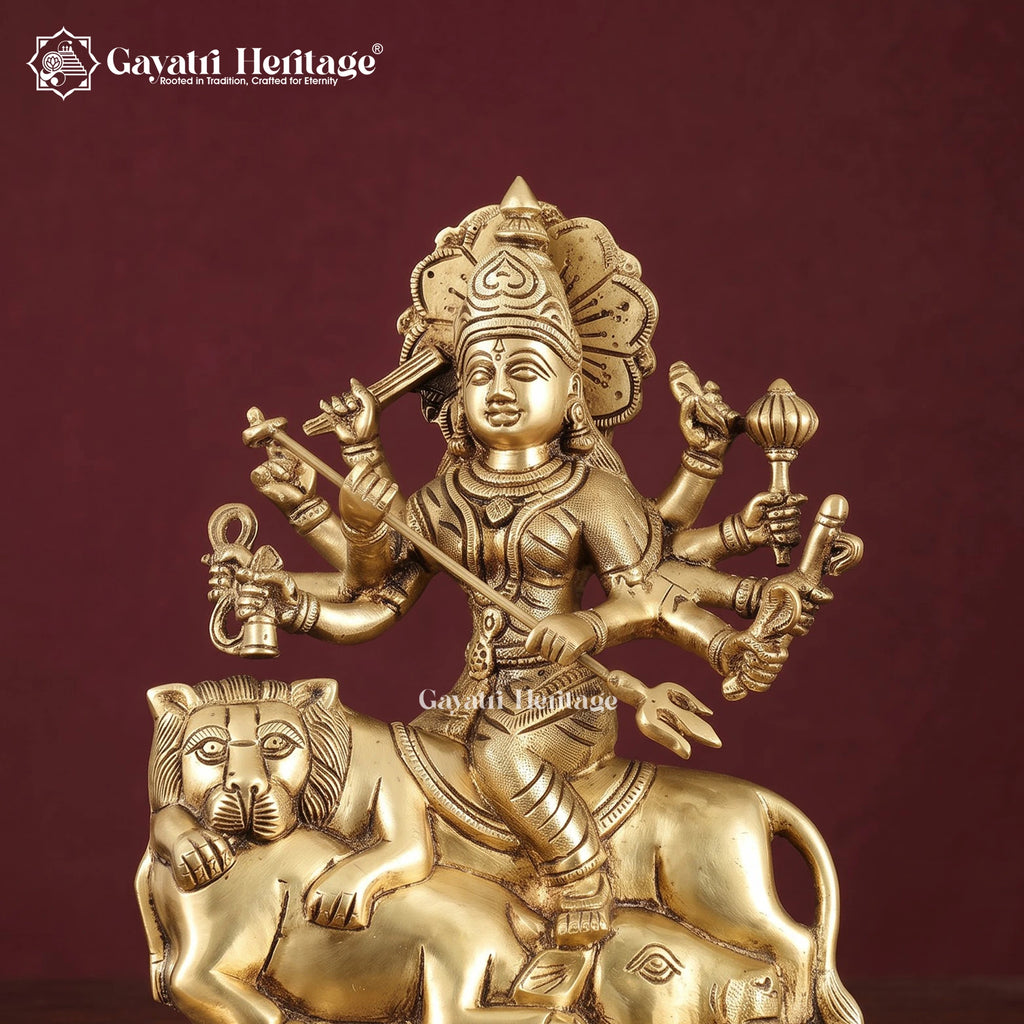Brass Mahishasura Mardini Idol | Goddess Durga Slaying Mahishasura | Handcrafted Hindu Statue for Puja & Home Decor