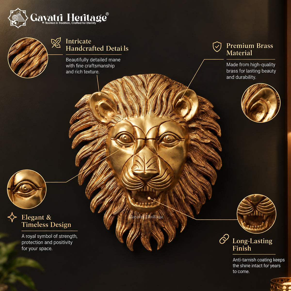 Brass Lion Face Wall Art | Roaring Lion Head Sculpture | Luxury Home Entryway Decor