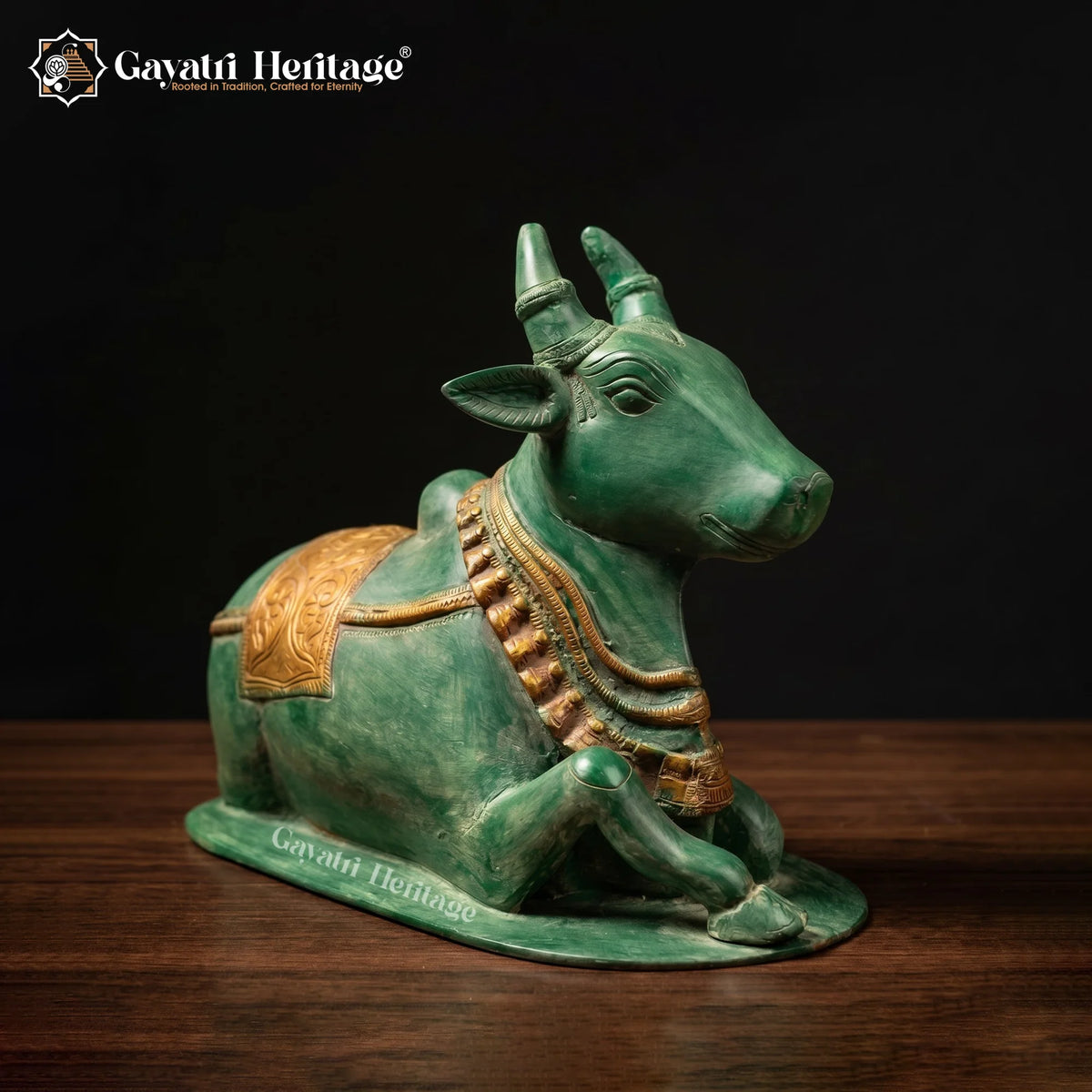 Brass Nandi Statue | Green Patina Finish with Ornate Saddle Cloth | Shiva Vahana (9.5 Inch)
