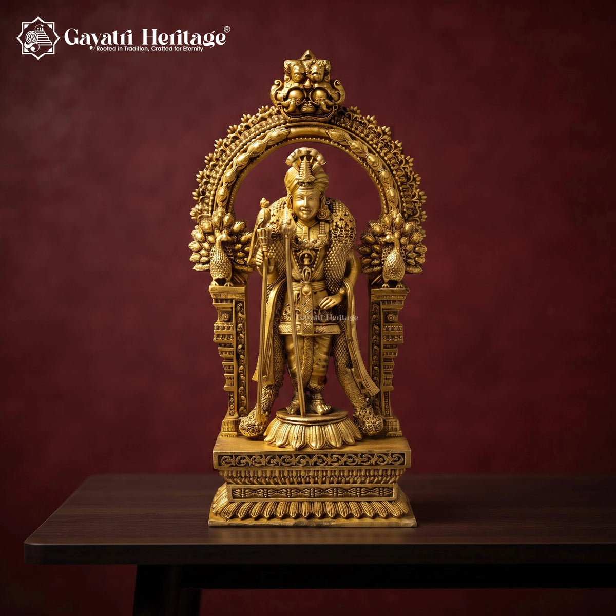 Brass Lord Murugan Statue with Peacock Arch | Kartikeya Idol with Vel Spear | Handcrafted South Indian Hindu Idol