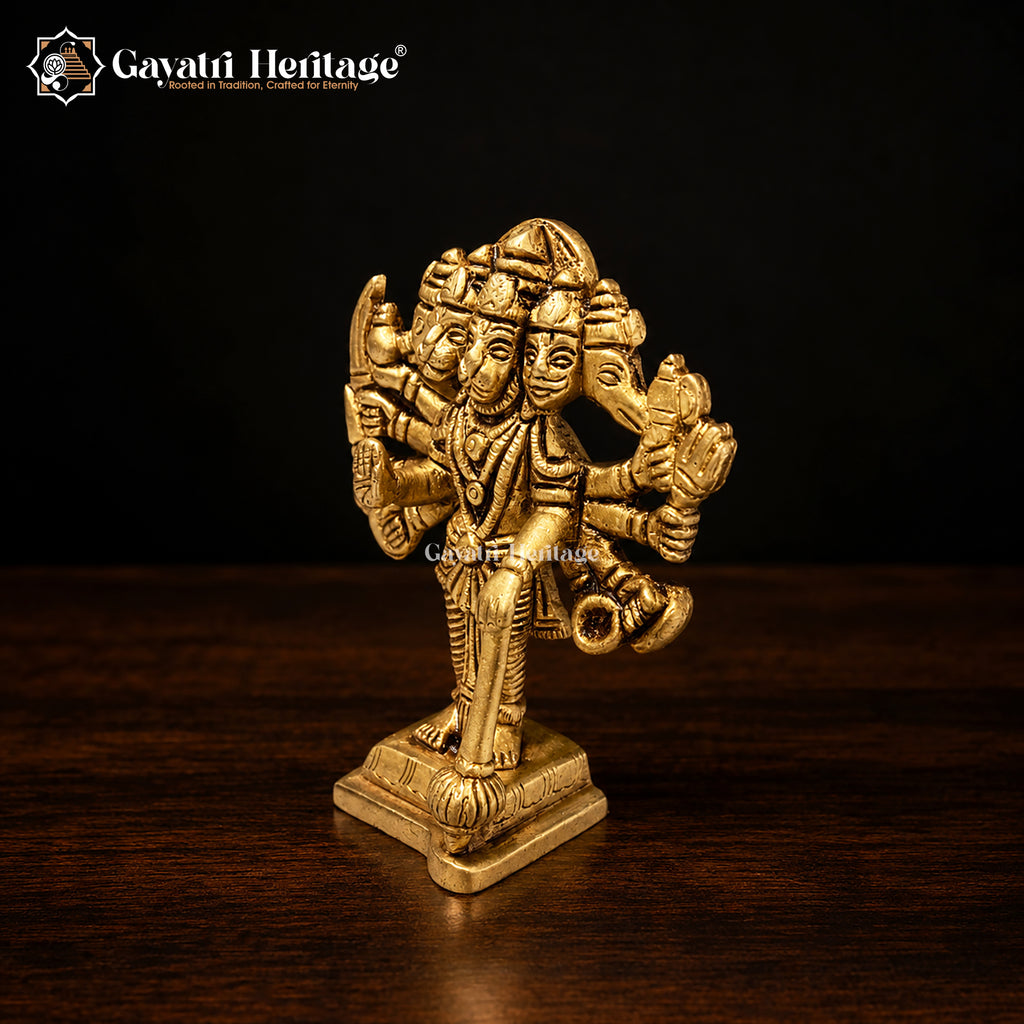 Solid Brass Panchmukhi Hanuman Idol | Five-Faced Standing Statue with Gada | Handcrafted Bajrangbali Murti | Hindu Pooja Room Decor