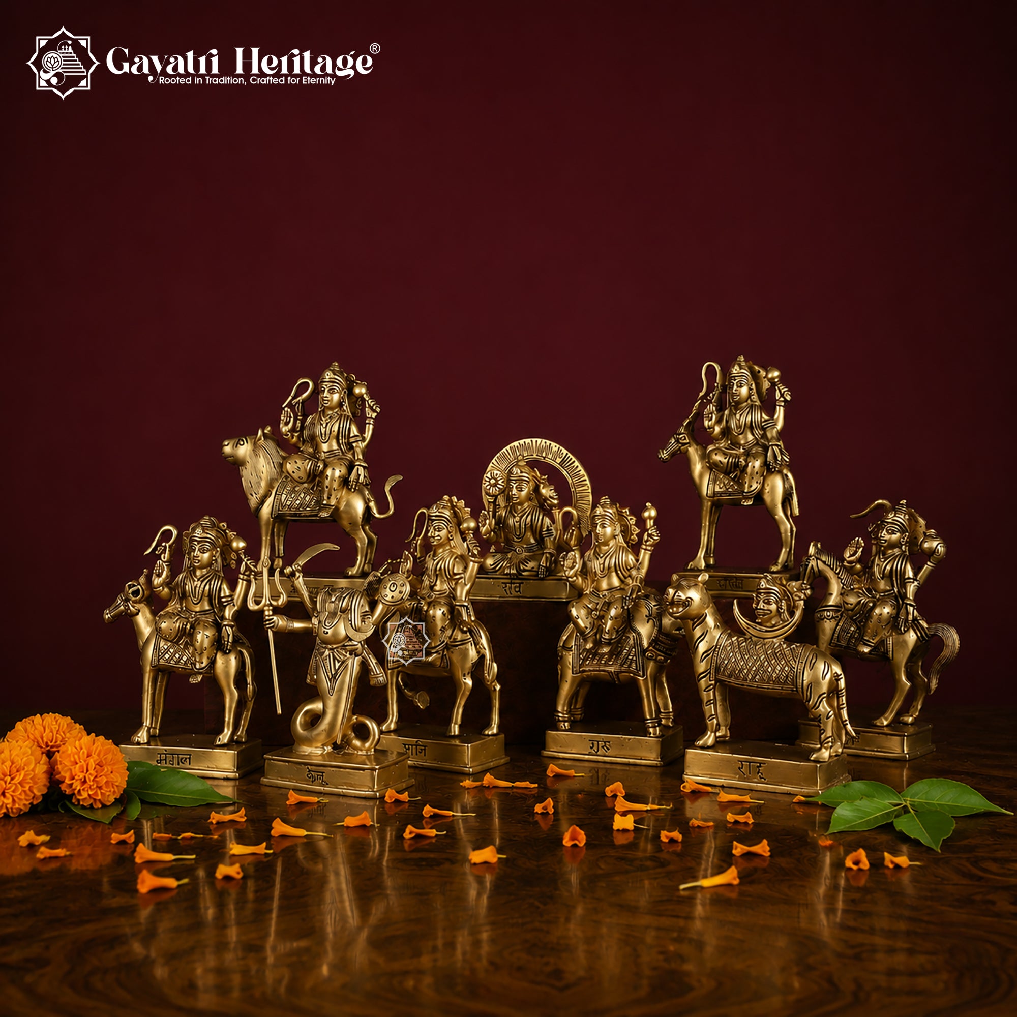Brass Navgraha Idol Set – Sacred Nine Planet Deities for Home Temple & Vastu Decor | Gayatri Heritage