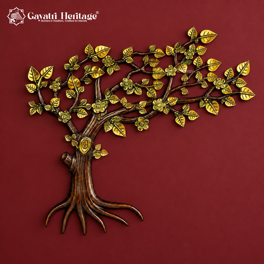 Brass Kalpavriksha Tree of Life Wall Art | Brown Gold Finish Hanging Sculpture | Handmade Living Room Decor