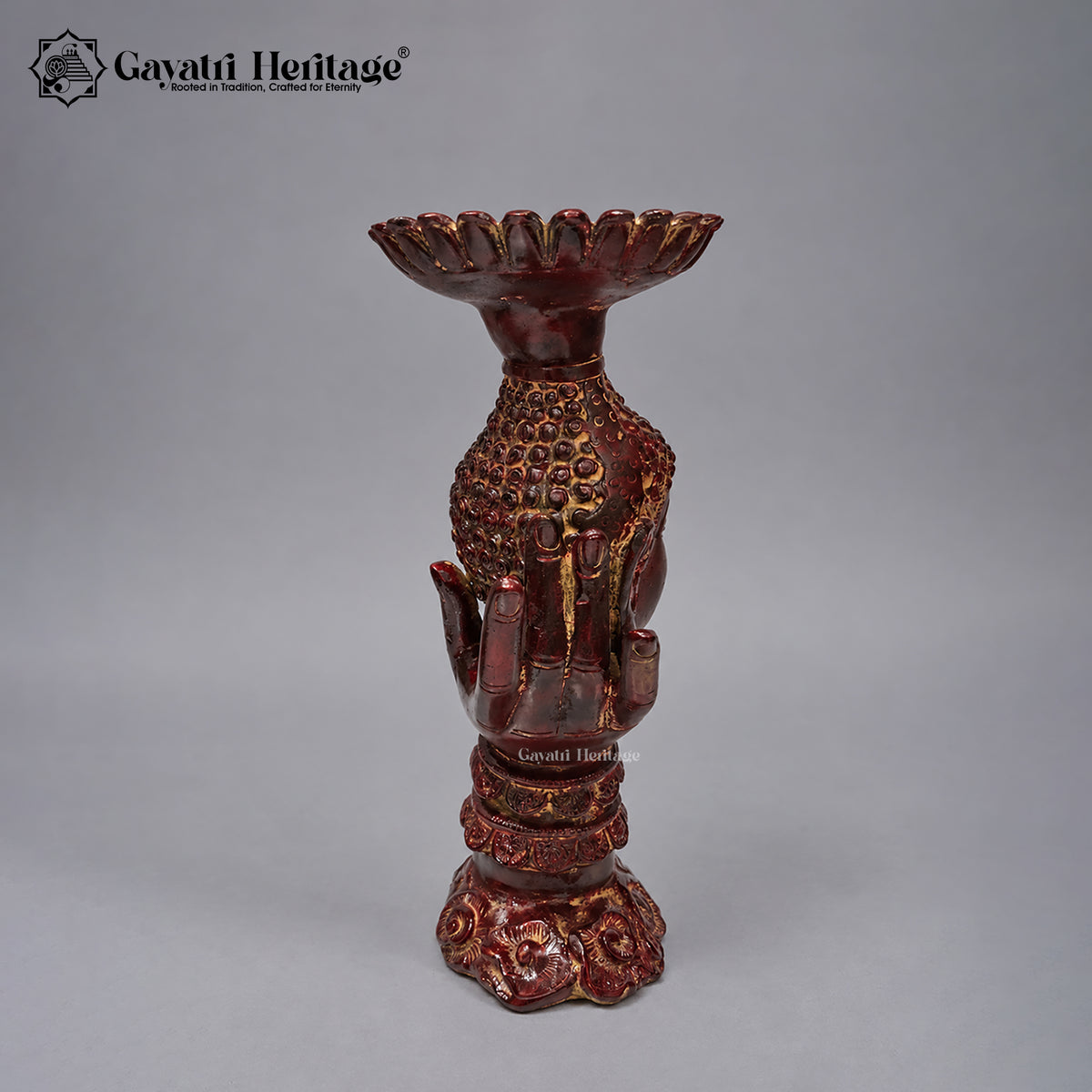 Brass Buddha Palm Candle Holder | Antique Red Finish | Handcrafted Buddha Statue for Home Decor