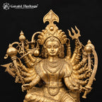 18-Handed Brass Durga Maa Statue | 24 Inch Mahishasura Mardini Goddess Idol | Handcrafted Hindu Temple Decor