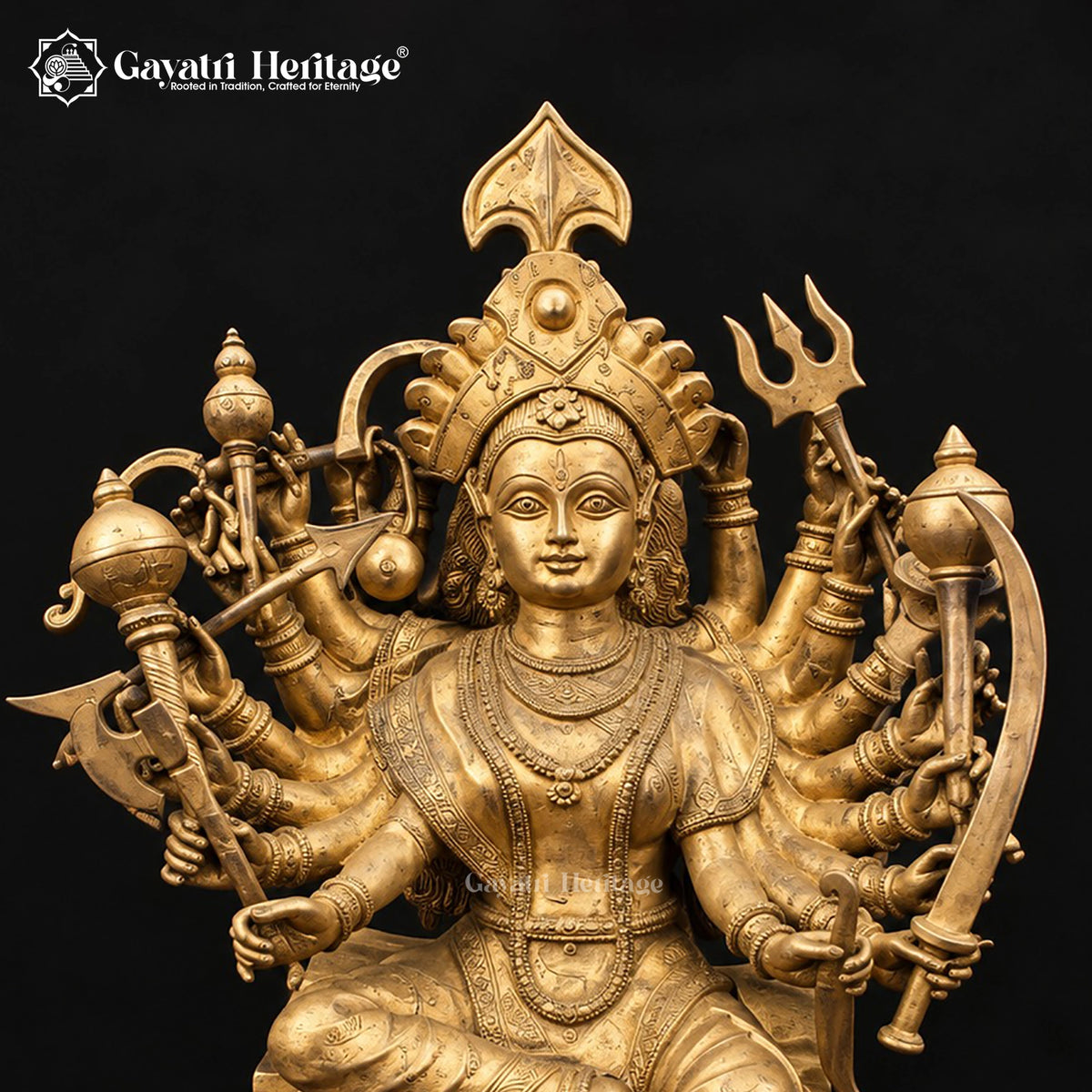 18-Handed Brass Durga Maa Statue | 24 Inch Mahishasura Mardini Goddess Idol | Handcrafted Hindu Temple Decor