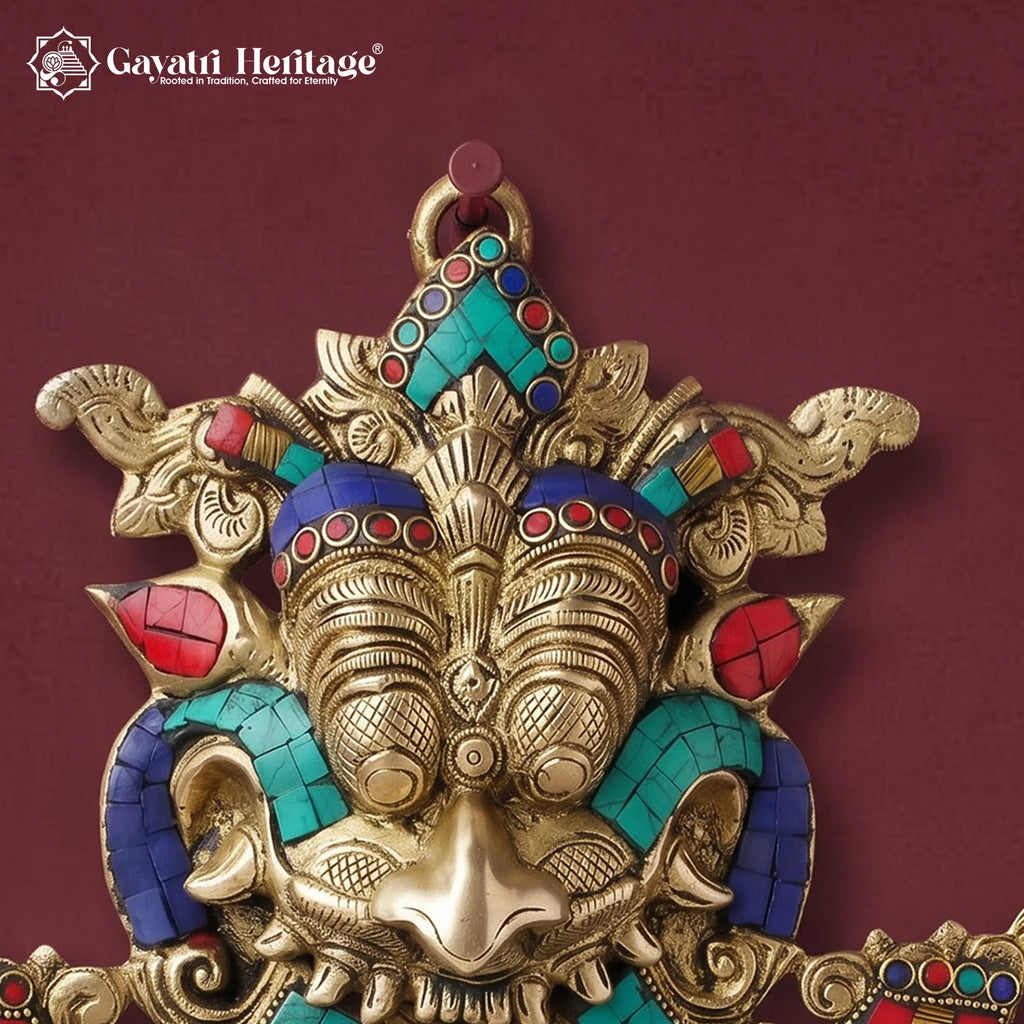 Brass Kirtimukha Mask – Tibetan Style Wall Hanging with Stone Inlay, Nazar Battu & Main Door Decor